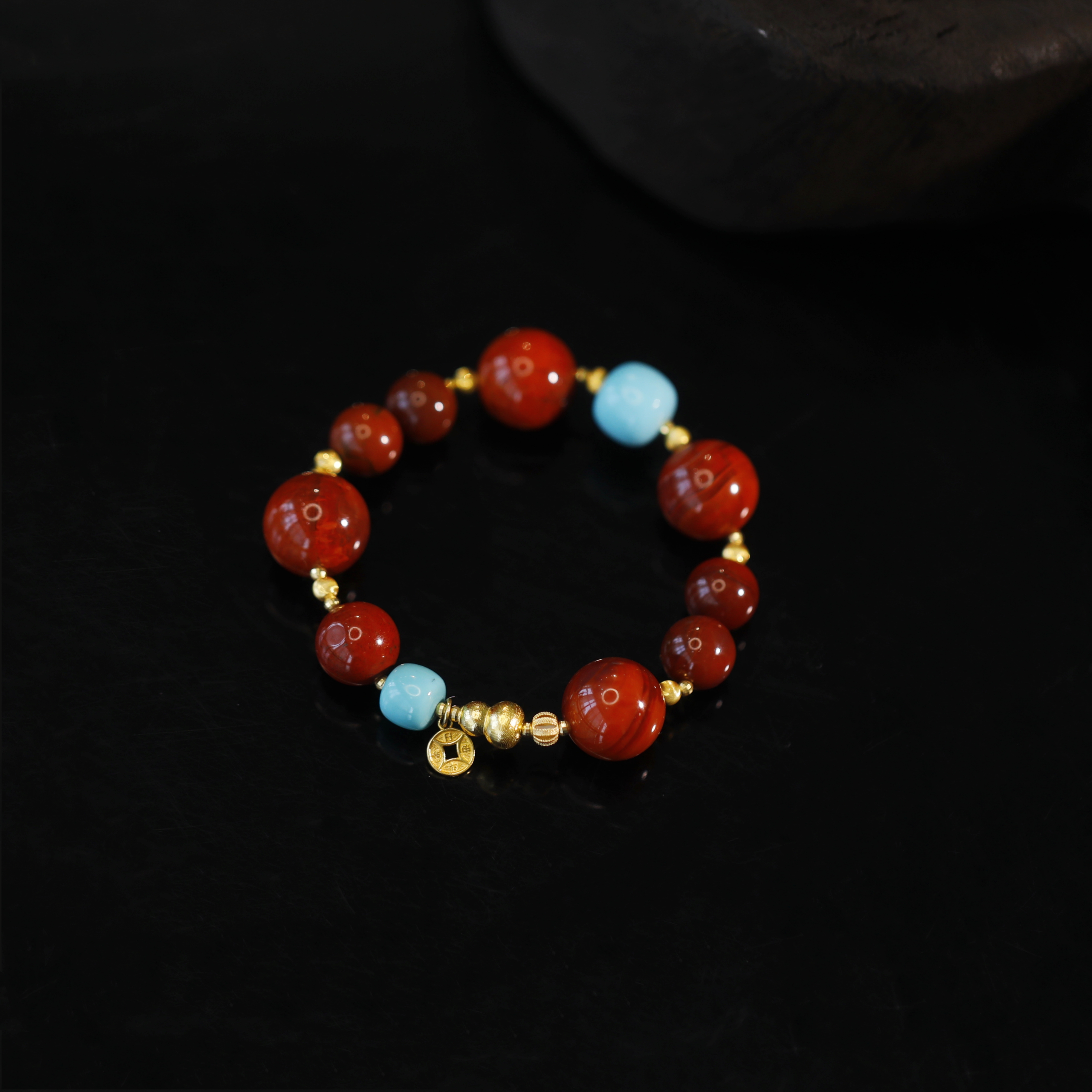 麦麦【沐妍】天然南红+绿松+18K 手串 多样性发一