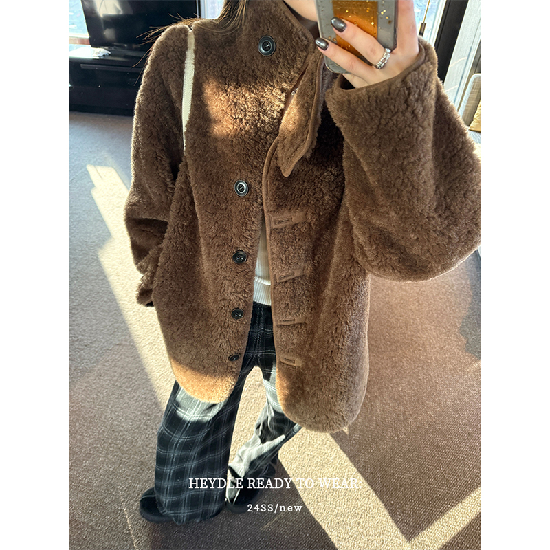 黑豆哼哼 仿羊羔毛皮毛一体毛毛外套女立领加厚保暖环保大衣