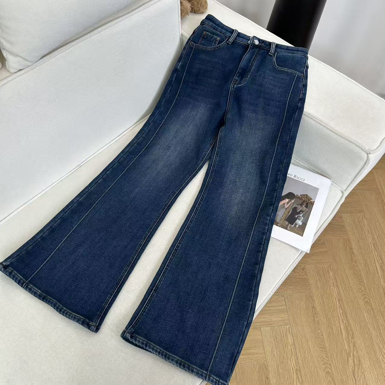 冬季加绒水洗做旧修身显瘦弹力牛仔微喇裤Y1527（卡码拍小）