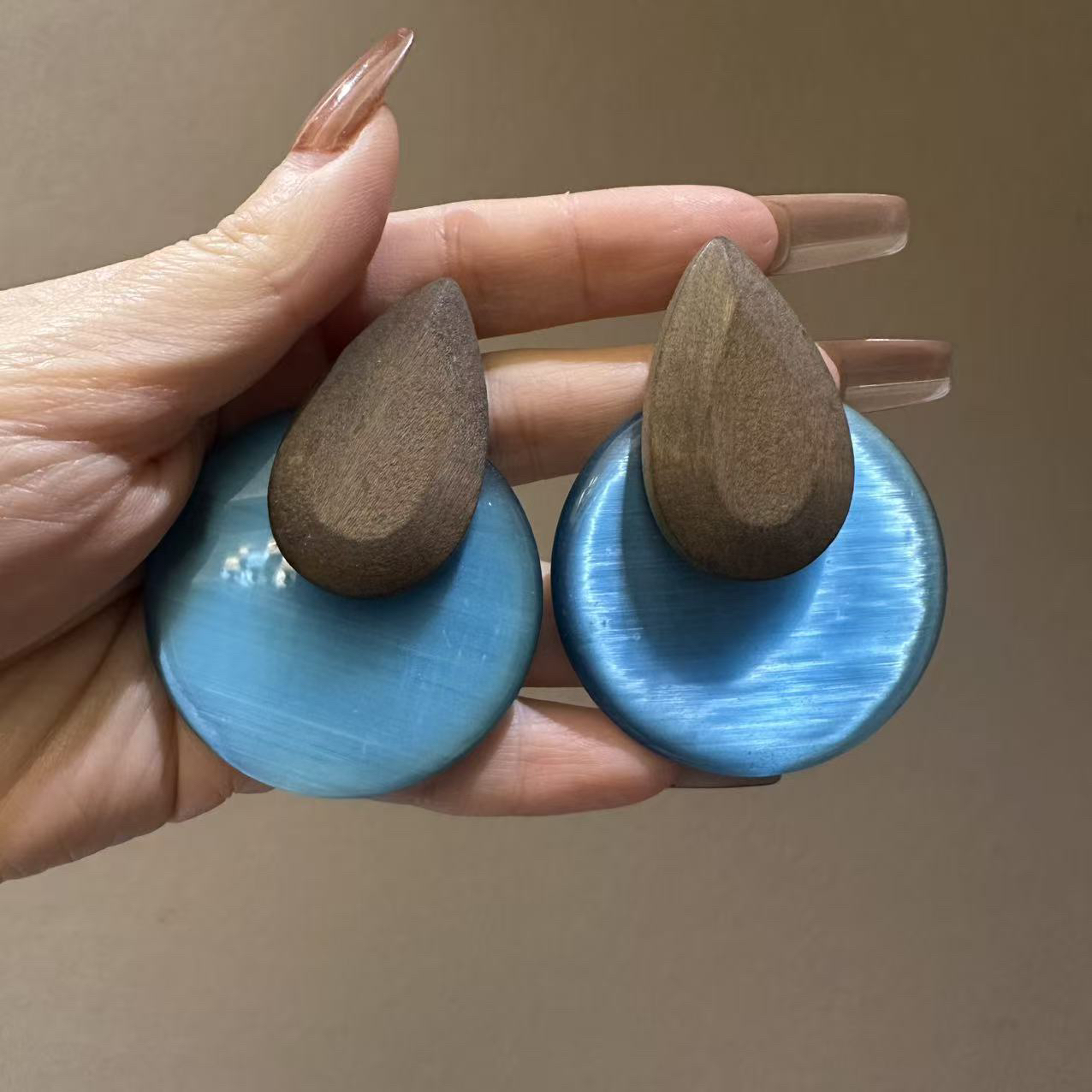 铜合金合成锆石耳饰 蓝咖色耳环55555