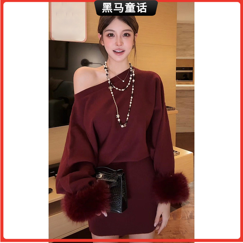 1轻熟风斜肩显瘦毛衣连衣裙2025秋冬新款时尚优雅气质收腰包臀短I