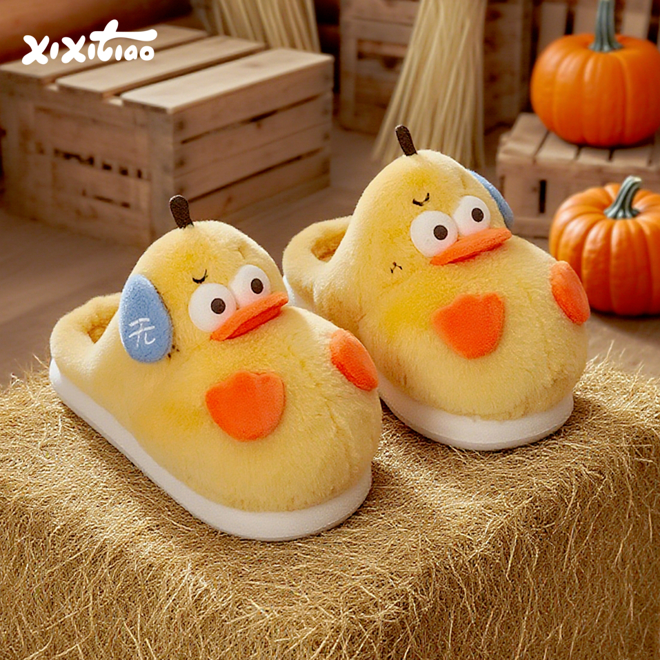 细细条 趣味无鸭梨棉拖鞋男女冬情侣防滑保暖居家踩屎感ins毛毛鞋