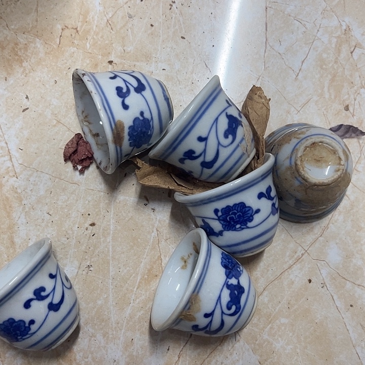 陶摆件6个芙蓉花小酒杯