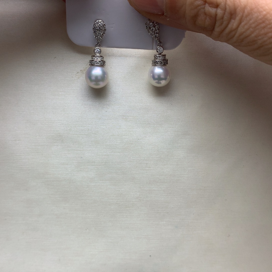 海水珍珠耳饰银S925镶嵌7.5-8akoya美人泪耳环