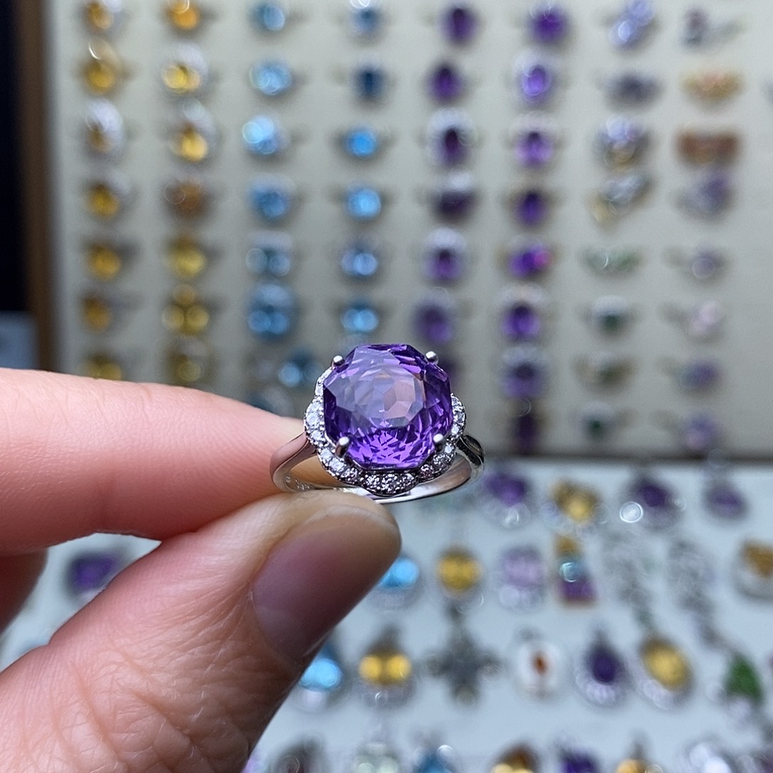 紫晶戒指银S925镶嵌一物一证