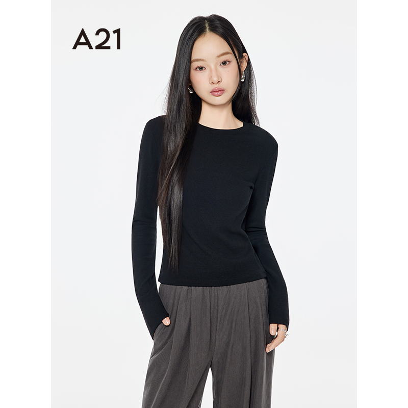 A21女装修身显瘦圆领长袖T恤秋季新款简约休闲上衣F453231006