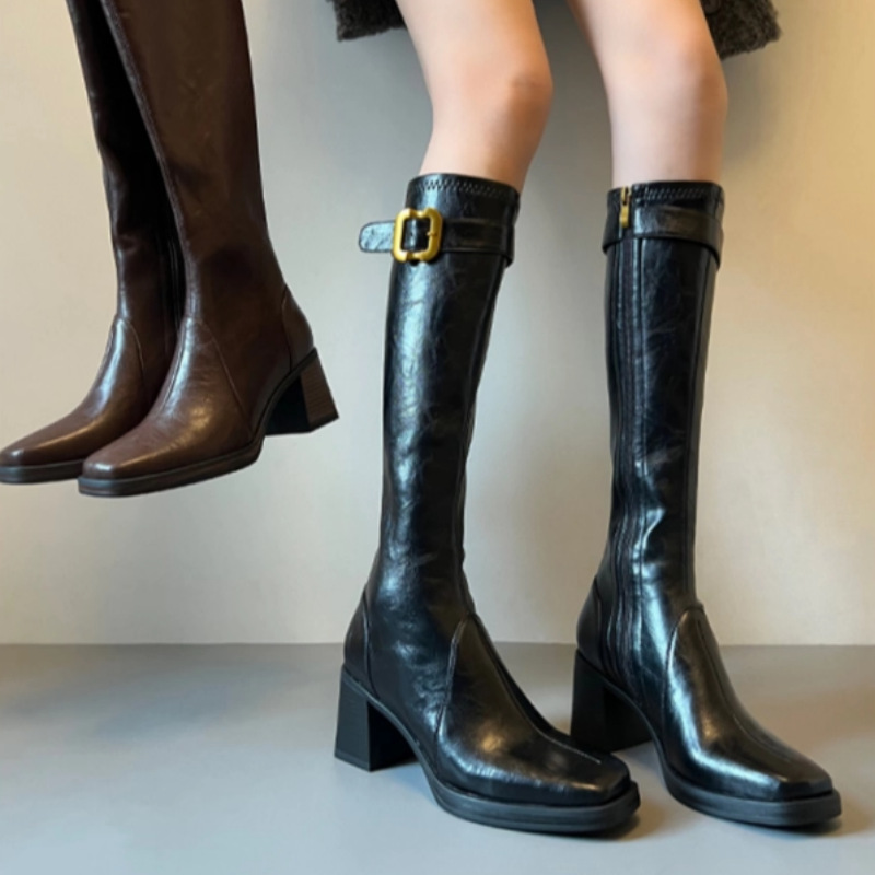 2025新款辣妹风高跟长筒靴女皮带扣方头包腿瘦腿长靴子秋冬骑士靴