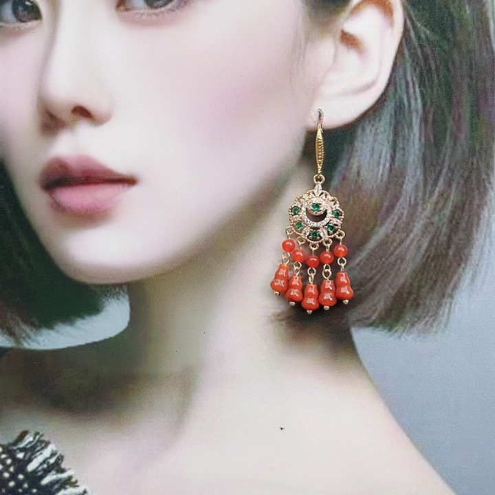 翡翠耳饰未镶嵌红翡小葫芦流苏