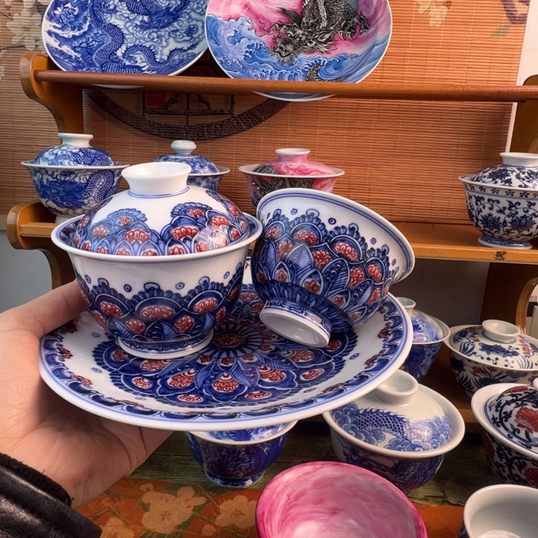 景德镇手绘青花曼陀罗釉里红套组