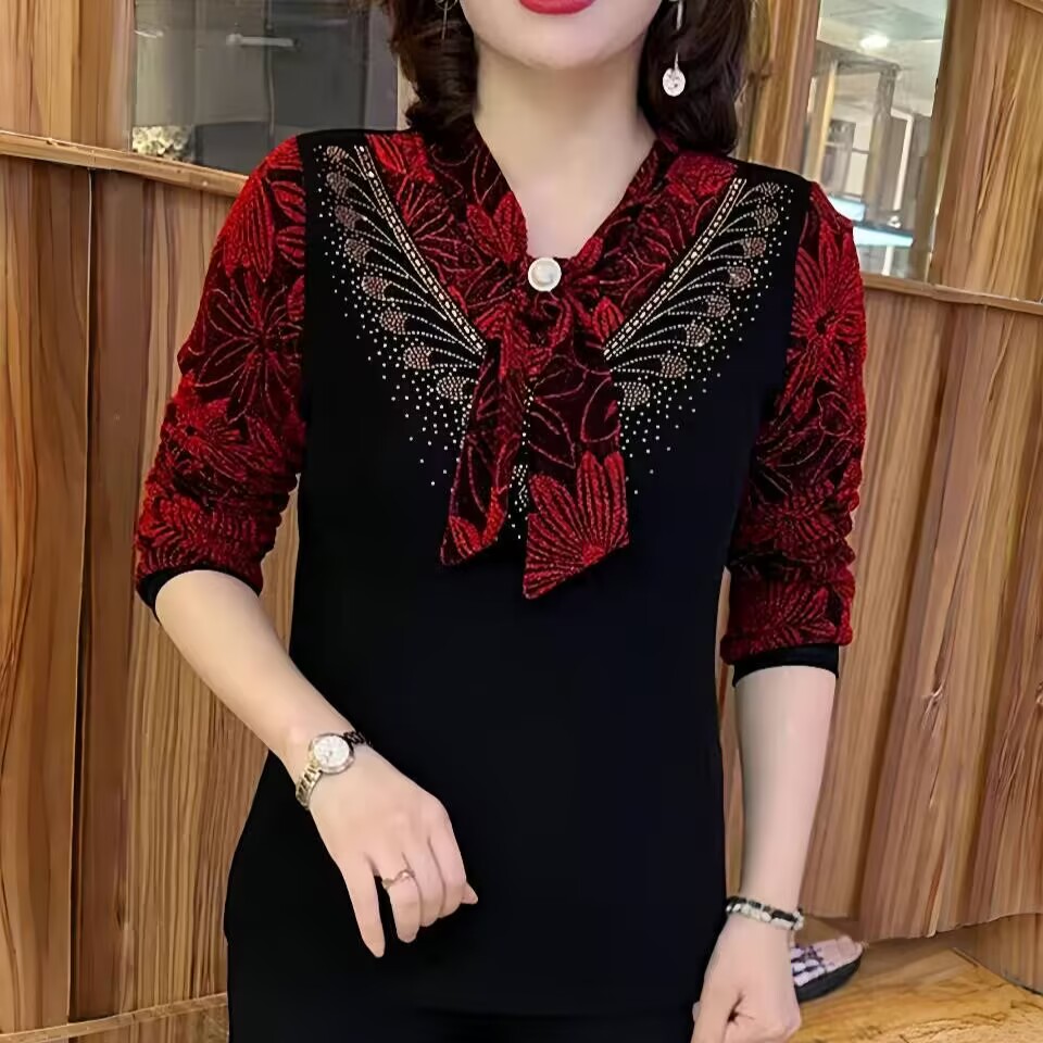 【多色多码】镶钻提花网纱打底衫女长袖秋冬大码中年妈妈遮肉显瘦