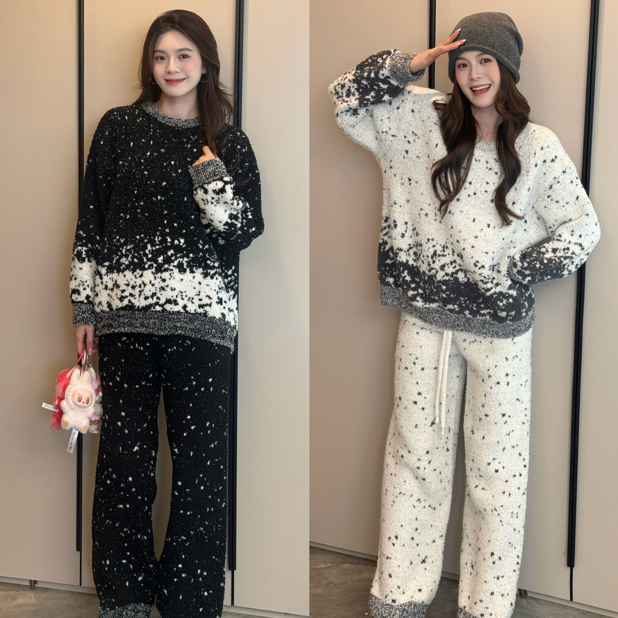 2025秋季新款满天星混色休闲慵懒加厚半边绒家居服套装女可外穿