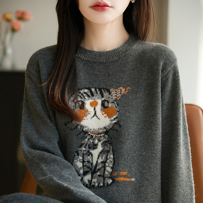 圆领卡通减龄针织衫秋冬季新款时尚洋气宽松型长袖打底毛衣女