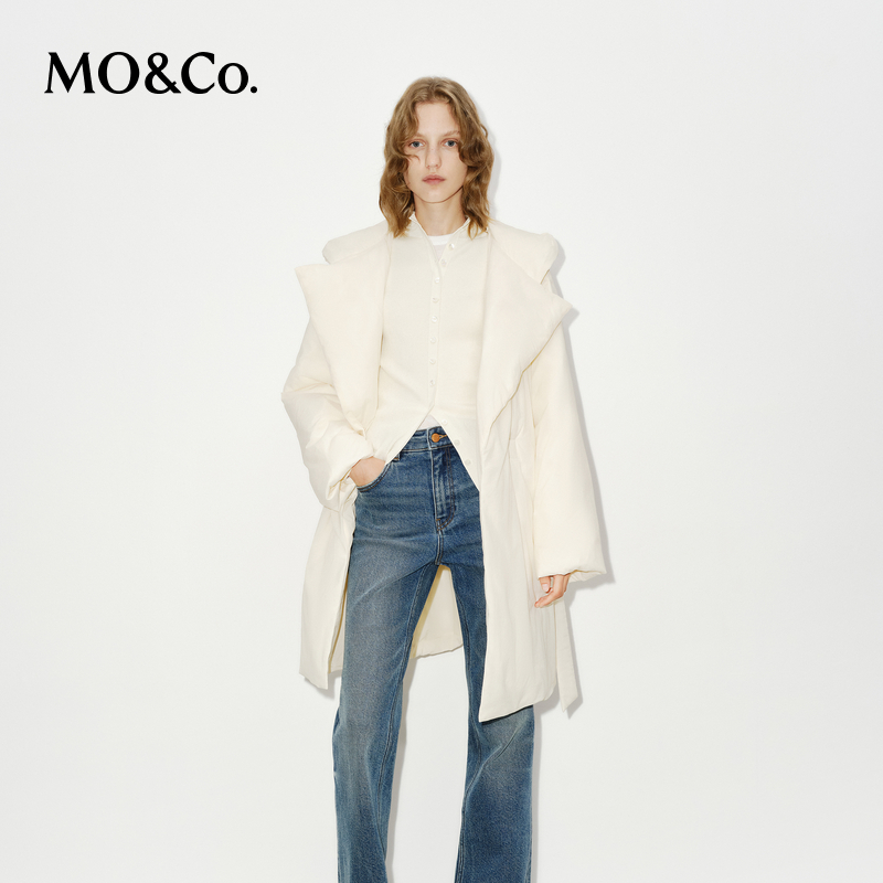 MOCO羽绒服冬季鸭绒中长款大翻领连帽外套附腰带MBD4EINT18