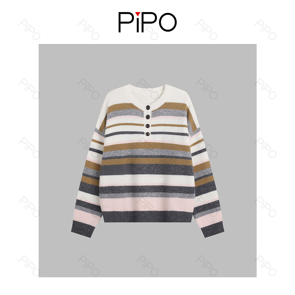 PIPO【100绵羊毛】圆领渐变条纹秋冬高克重休闲保暖针织衫DD54AA057