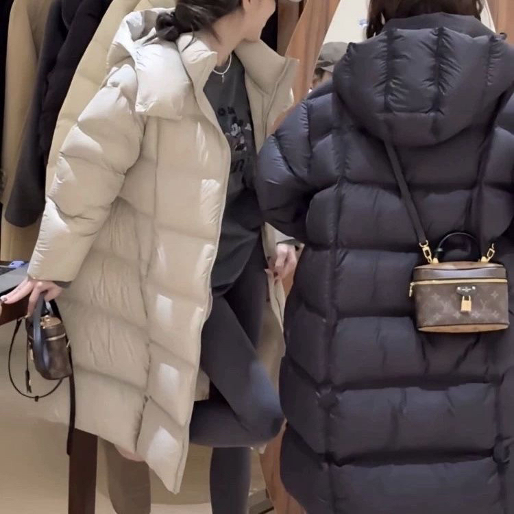泡芙羽绒服女2025新款韩版气质中长款连帽加厚冬季保暖白鸭绒外套