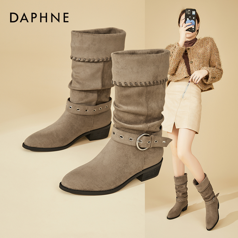 Daphne/达芙妮尖头复古堆堆靴女时尚瘦瘦靴百搭西部牛仔靴短靴