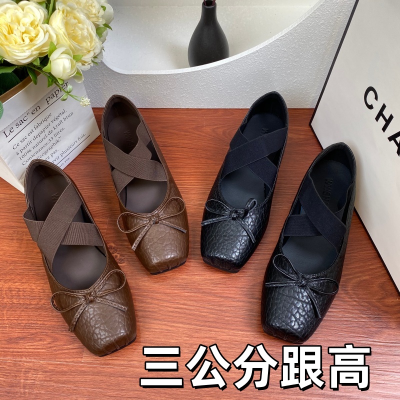 3CM粗跟法式仙女风交叉带蝴蝶结玛丽珍鞋女气质方头时尚百搭单鞋
