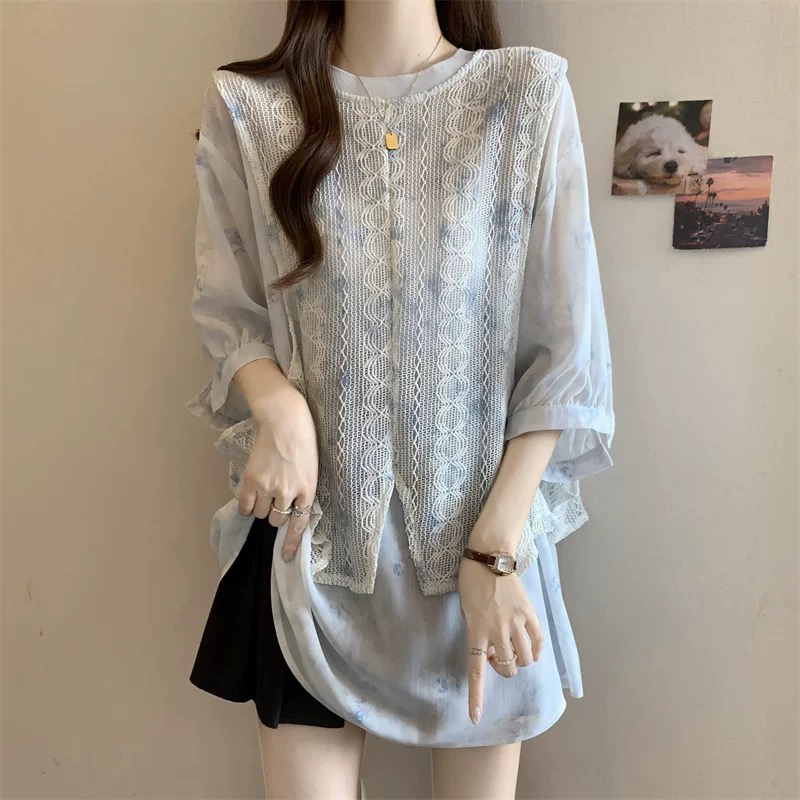 新疆包邮【T067】碎花假两件T恤-衣长69