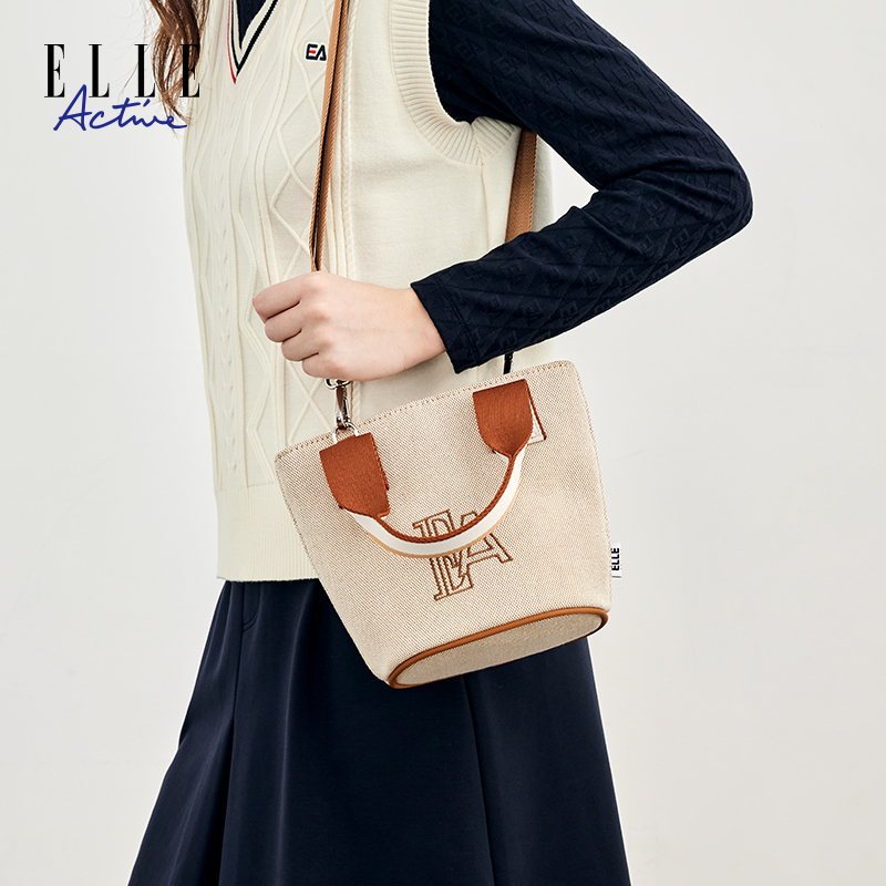 ELLE Active【通勤小水桶包】撞色手提包可斜挎单肩包字母女士包包