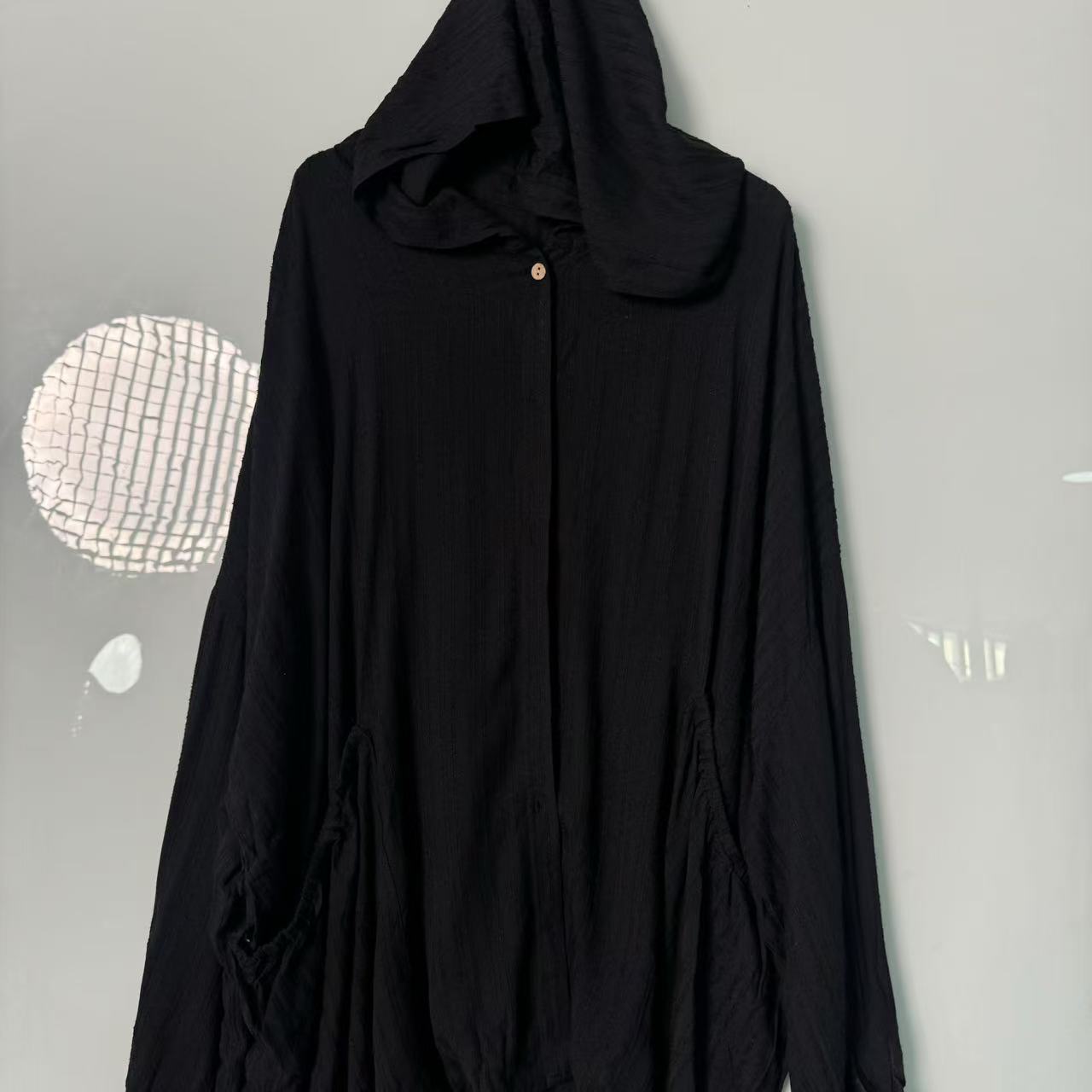 【沐木流浪记】黑色竖纹连帽双兜女装风衣外套z