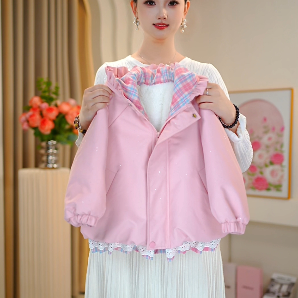 【佳琪妈】极寒系列女童粉色圣诞小甜果蕾丝花边连帽棉服-7195#