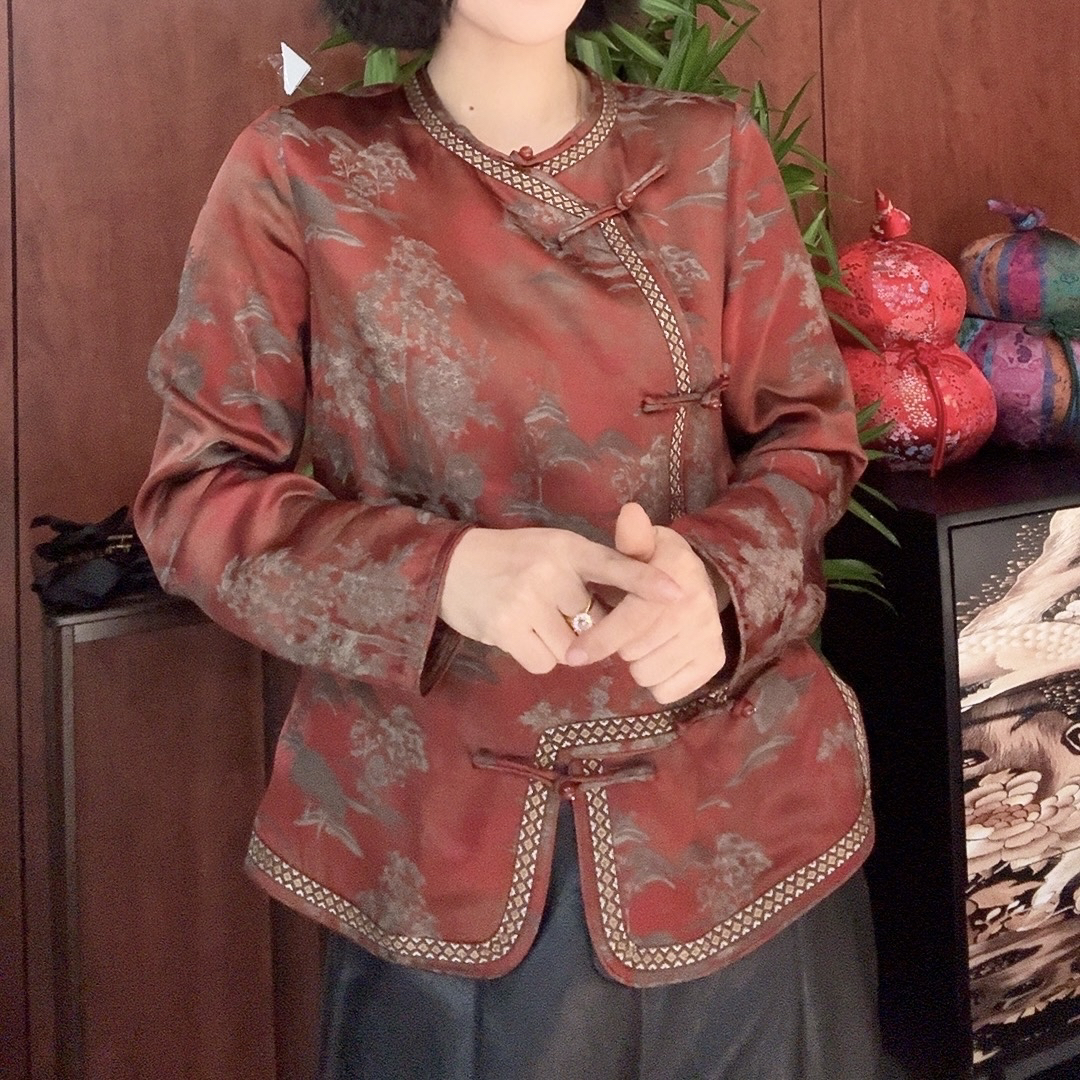 新中式红色千里江山风修身设计女禅意小衫