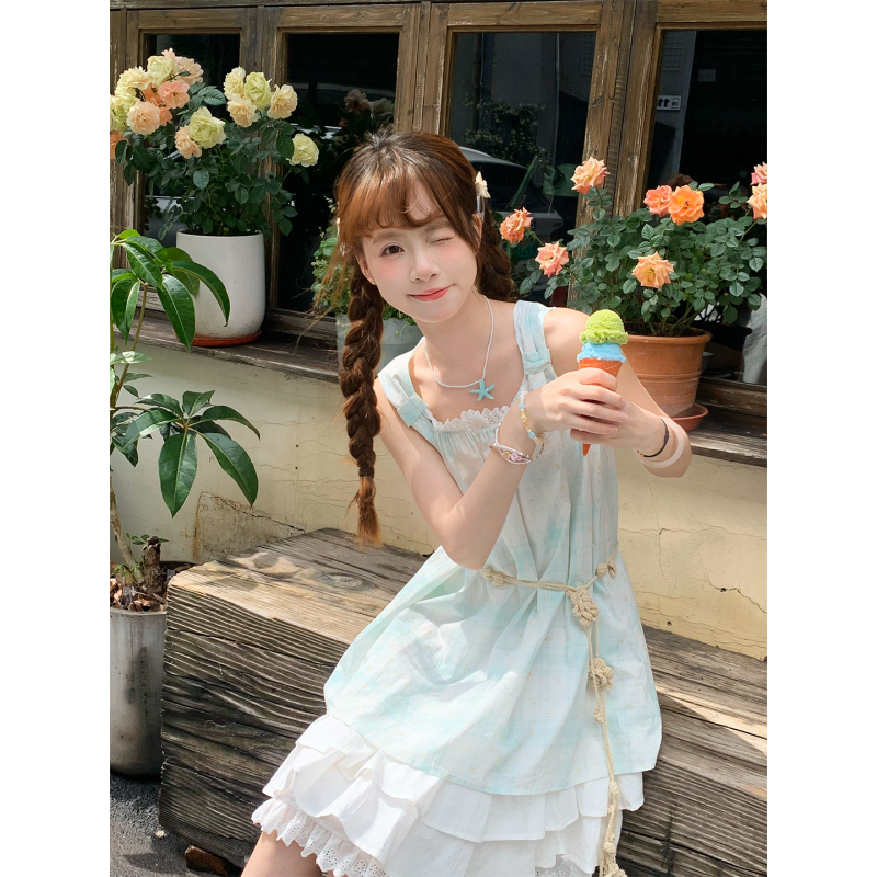 【清仓】青林花语 sinsingirl 浅绿格子小花连衣裙无袖背心裙夏季