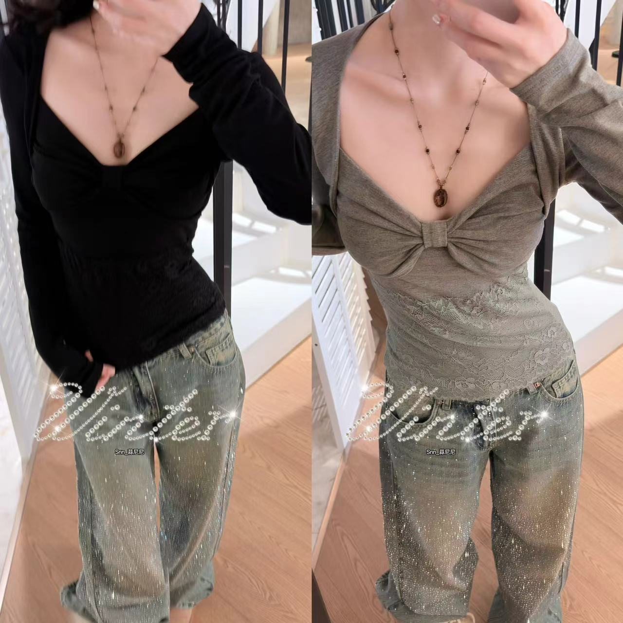 新【敲厚软糯】加绒单穿美翻了的蝴蝶结上衣内搭长袖T恤女0031