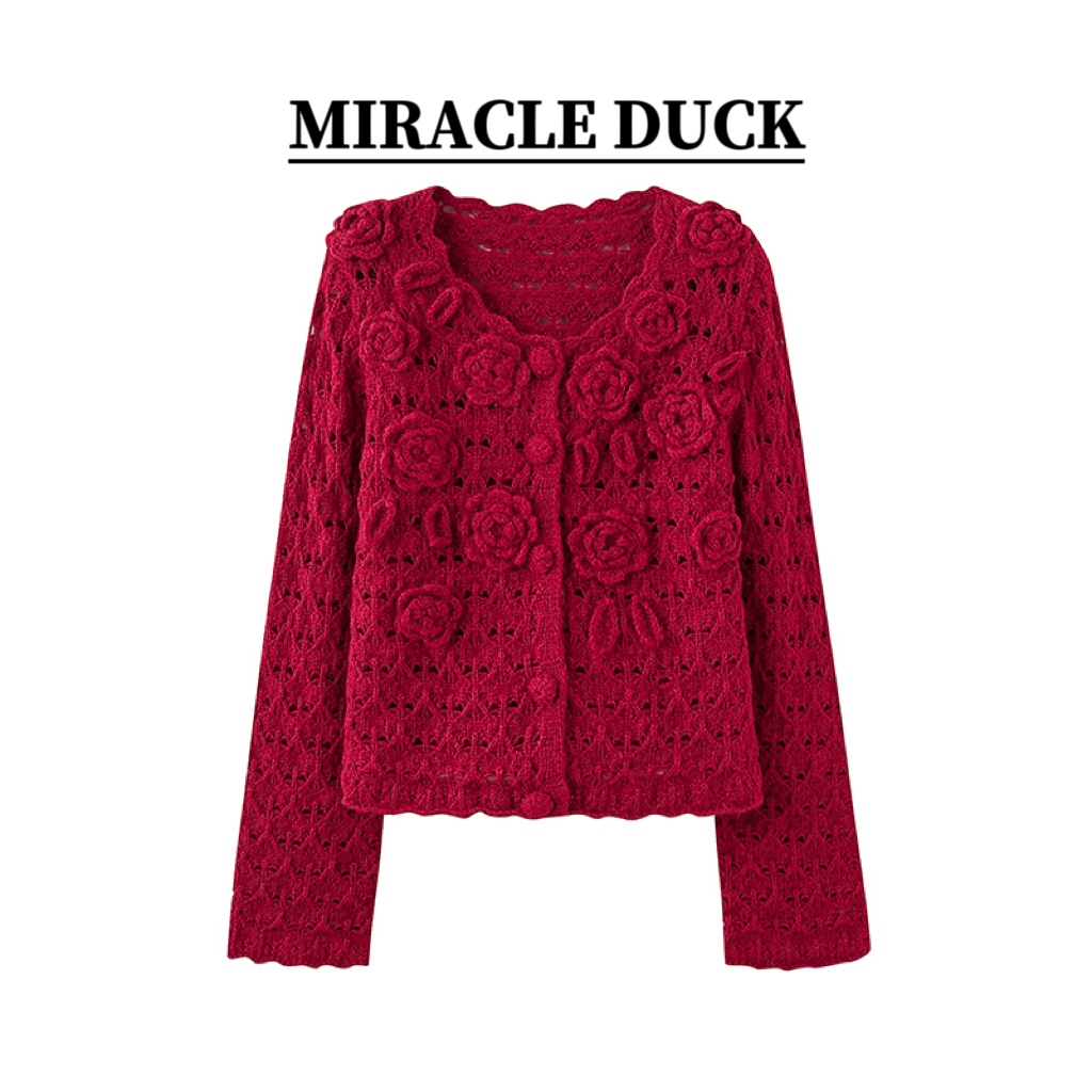 【秋日玫瑰】小香风毛衣针织纯手工钩花长袖短款美观C1850
