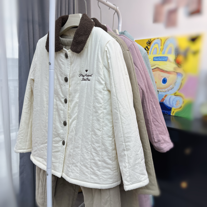 冬季三层夹棉睡衣男女棉家居服翻领休闲舒适可外穿家居服套装