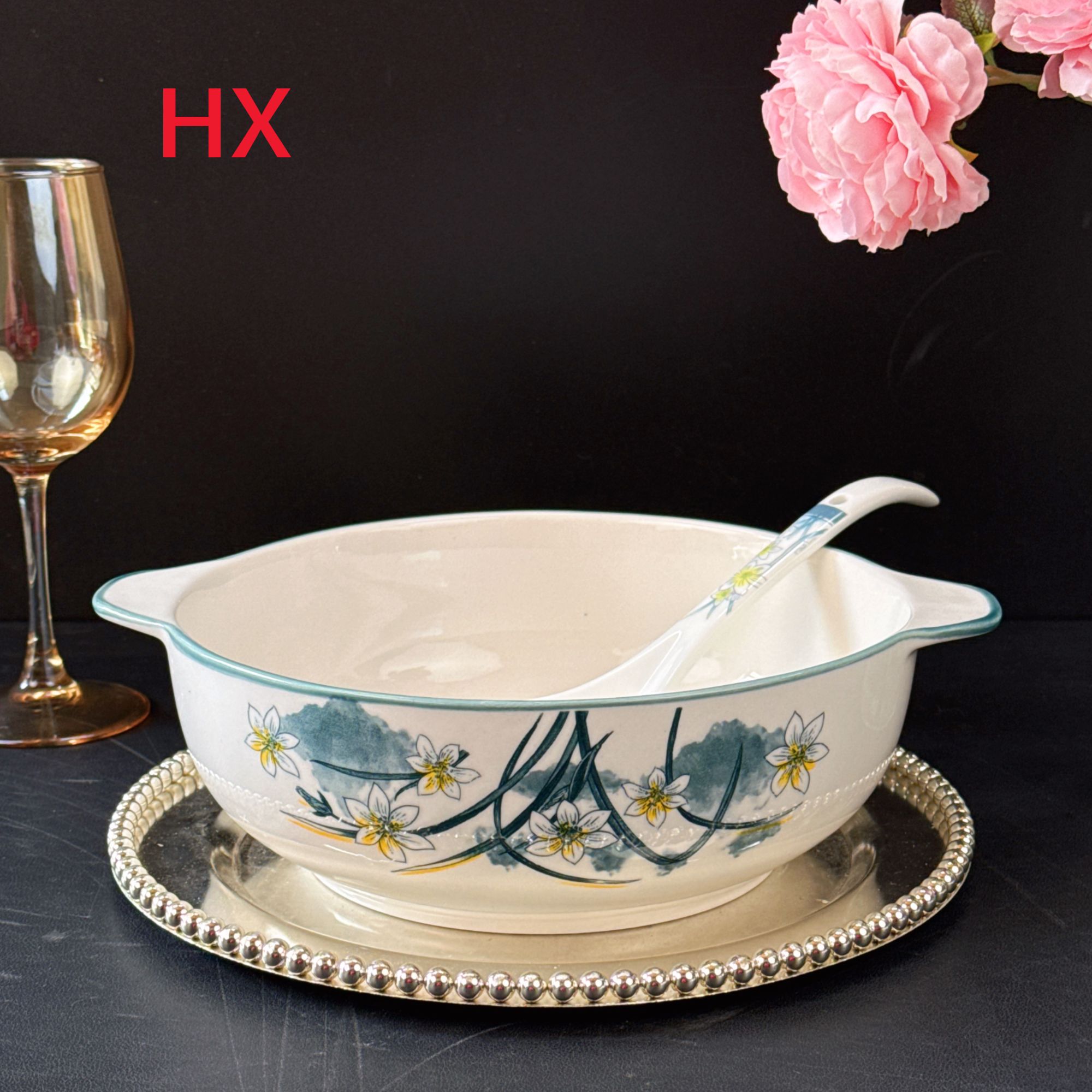 水仙花10.5英寸双耳碗+汤勺  破损联系客服