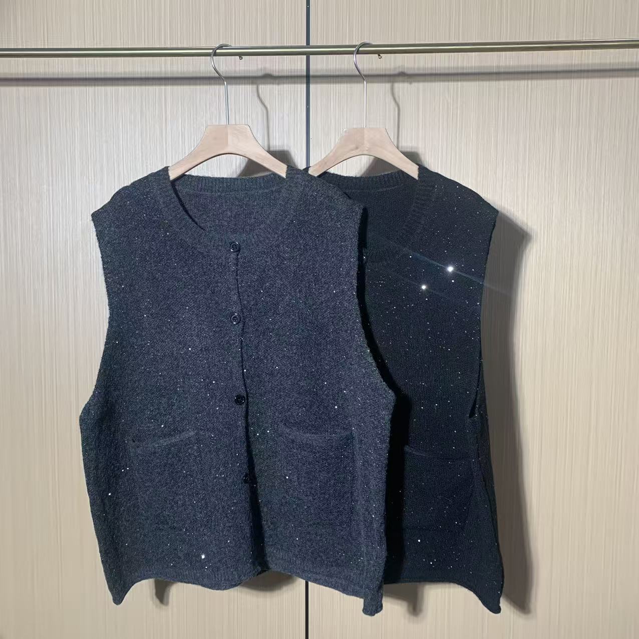 针织开衫亮片马甲轻奢外套女2025冬季大码微胖mm慵懒风叠穿上衣