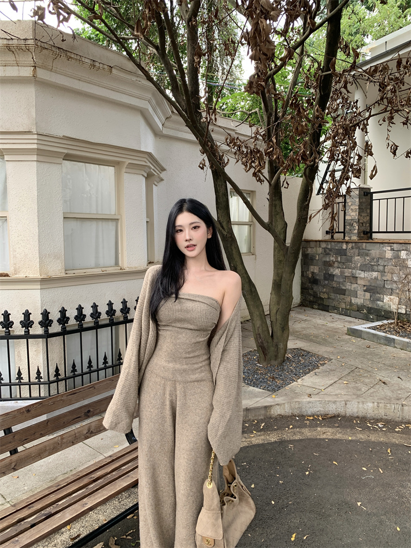 美式辣妹套装慵懒风宽松针织开衫外套抹胸背心阔腿裤子