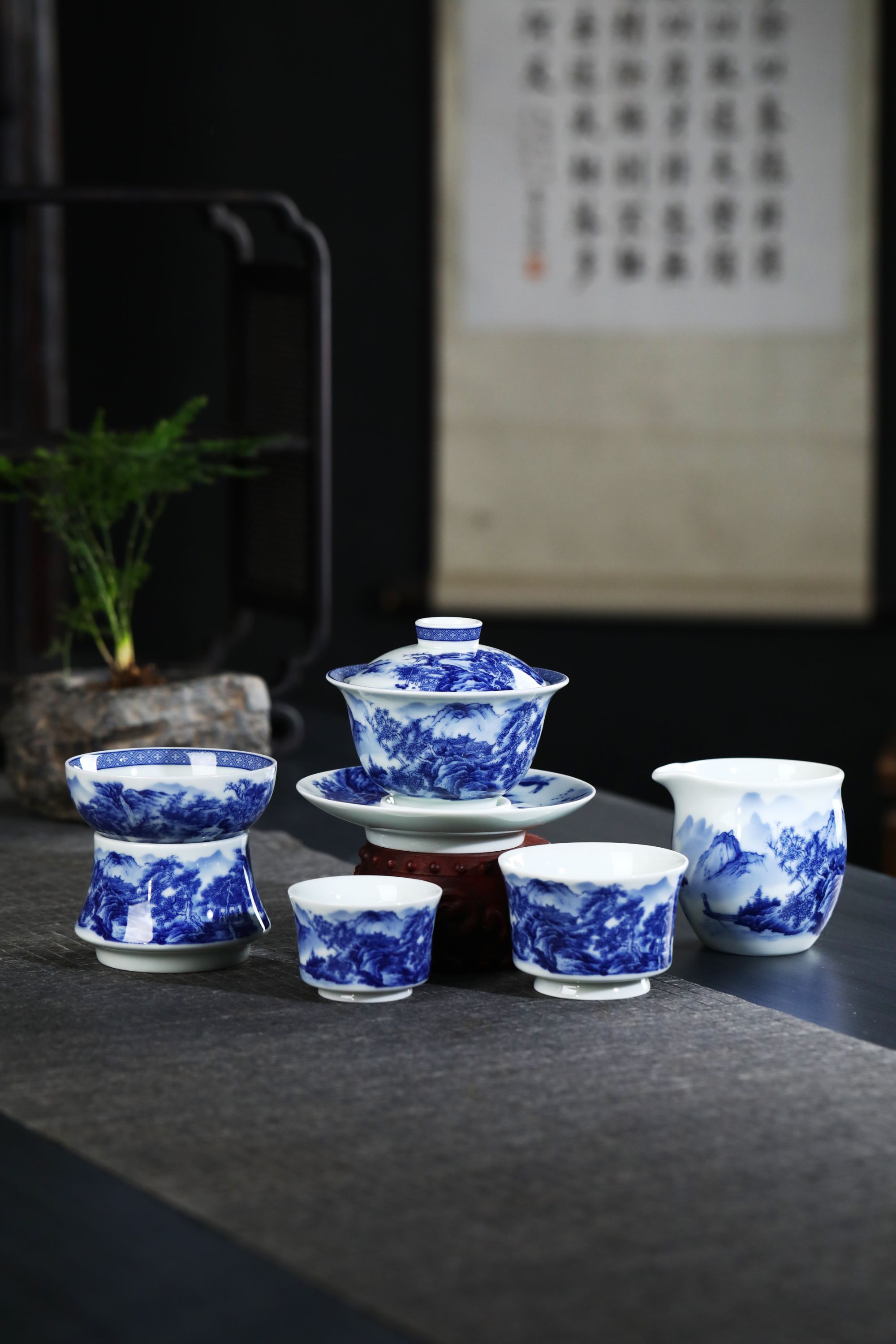 景德镇釉下青花山水盖碗公道茶漏客杯主人杯6件套