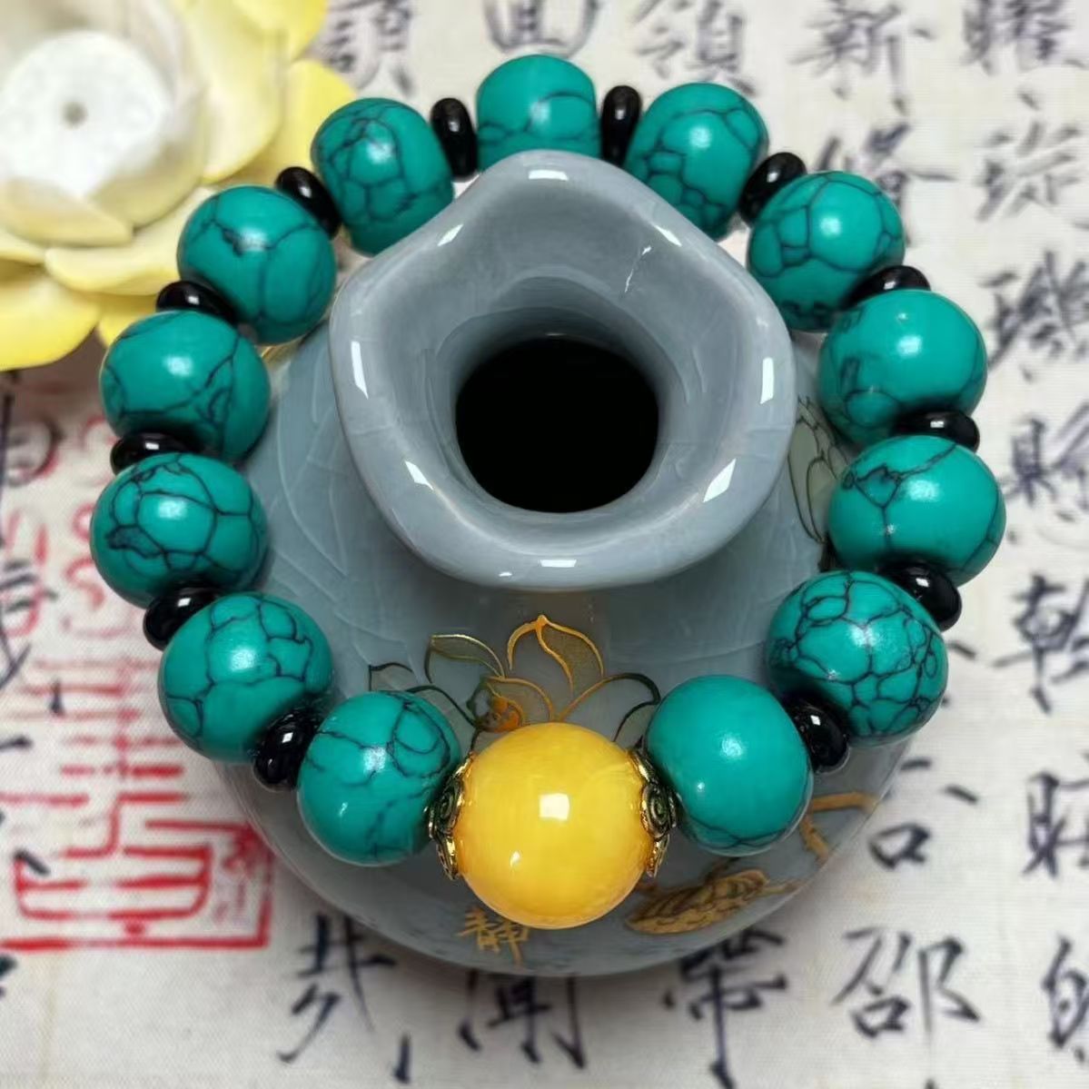 树脂手链 绿色仿石手链手串单圈老型国风民族风