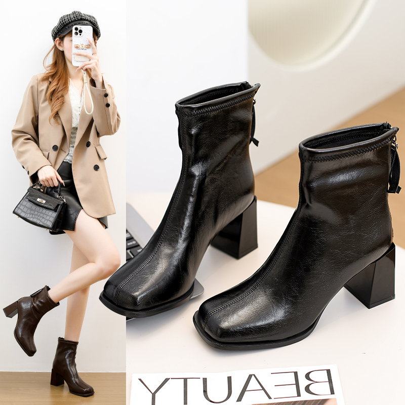 大码瘦瘦靴冬季马丁靴方头高跟女瘦瘦靴加绒法式