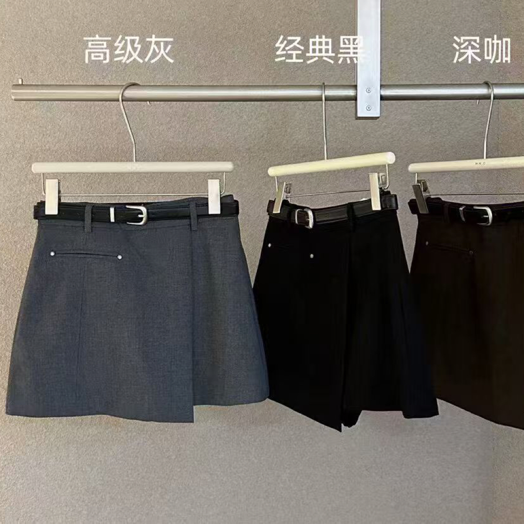 【半裙-6136】纯色拼接不规则西装裙短休闲百搭2025新款带腰带