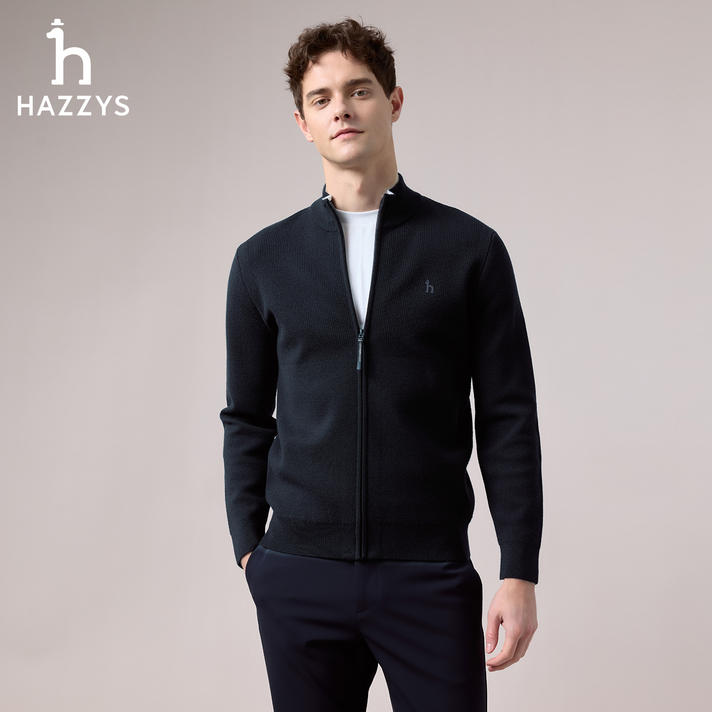 【商场同款】HAZZYS哈吉斯男士秋季针织夹克衫休闲开衫毛衣羊毛外套