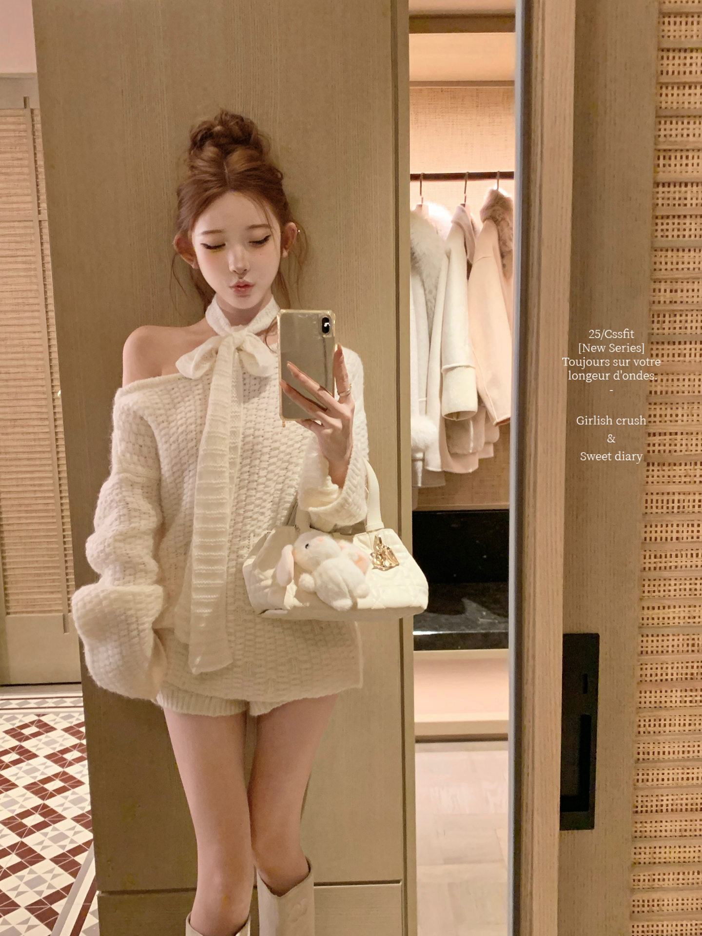 云感包围 圣诞新年氛围感系带斜肩针织衫上衣配短裤秋冬新款套装