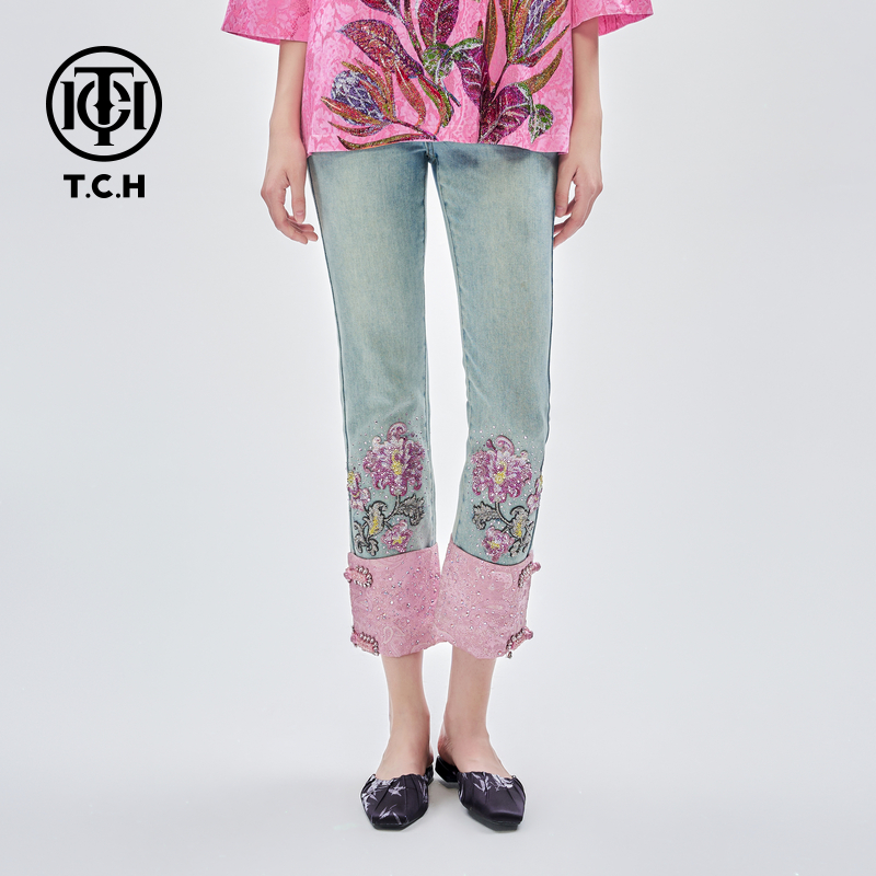TCH轻奢烫钻工艺新中式拼接显瘦牛仔裤直筒裤女T72C208029私服tch