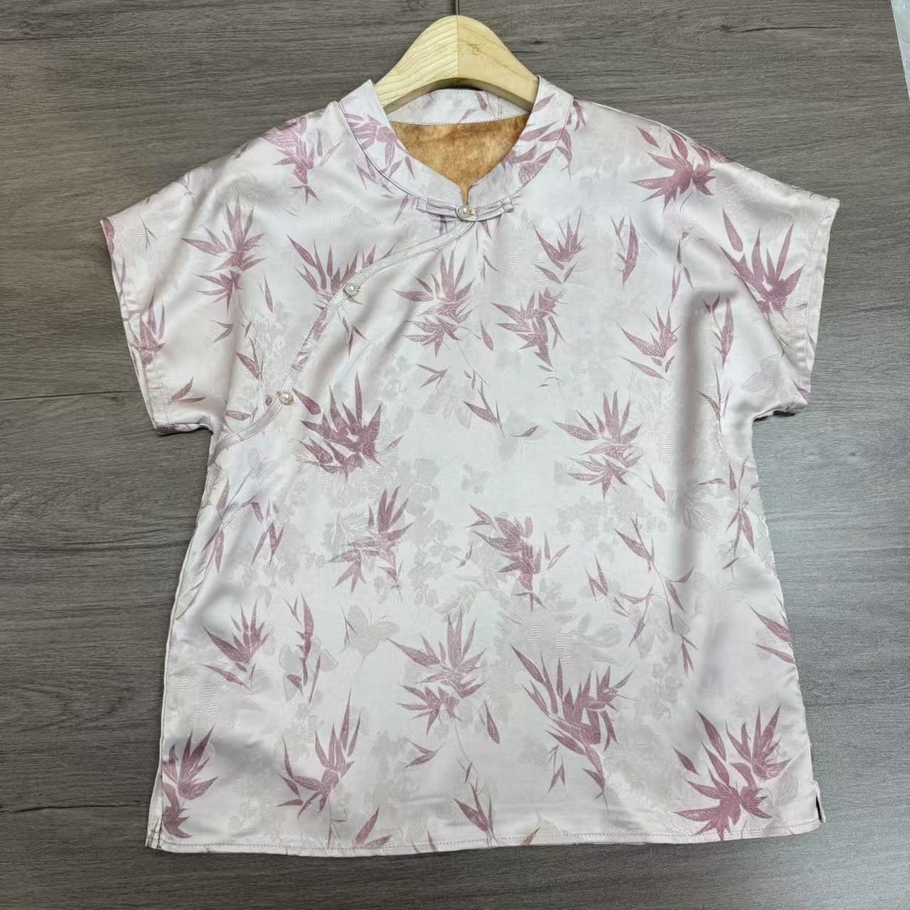 【幂幂】立领薄款短袖套头花纹提花上衣小衫复古夏季极简风1251