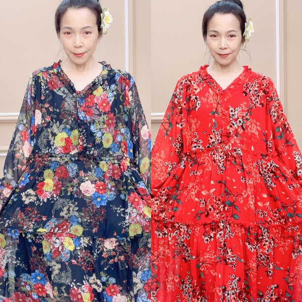 连衣裙印花中长款木耳边花色大码碎花显瘦长袖时尚夏季宽松遮肚