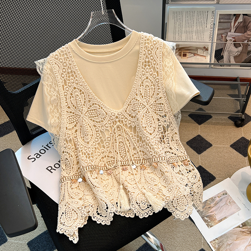 波西米亚镂空钩花短袖T恤女夏季2025新款时尚洋气吊带两件套上衣