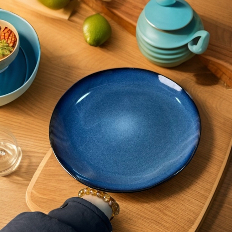 123 微瑕品蓝色异形窑变大盘家用陶瓷西餐盘复古异形大盘