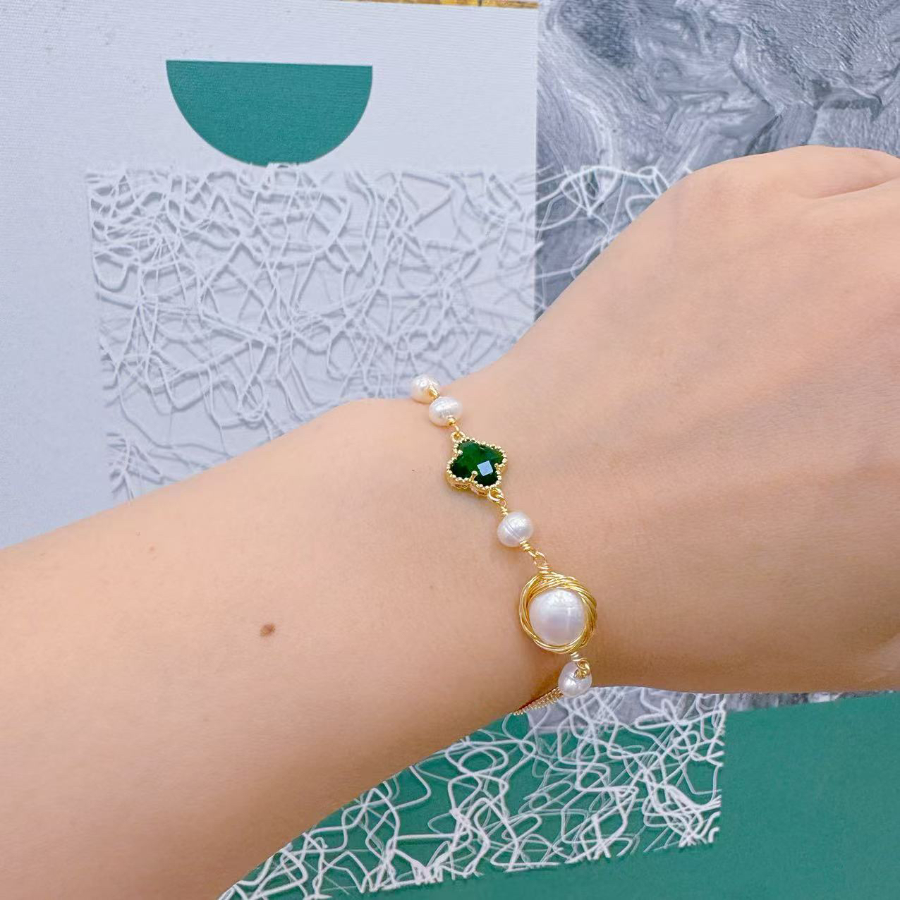 铜合金合成锆石手链 手作精致绿色镶嵌锆石手链