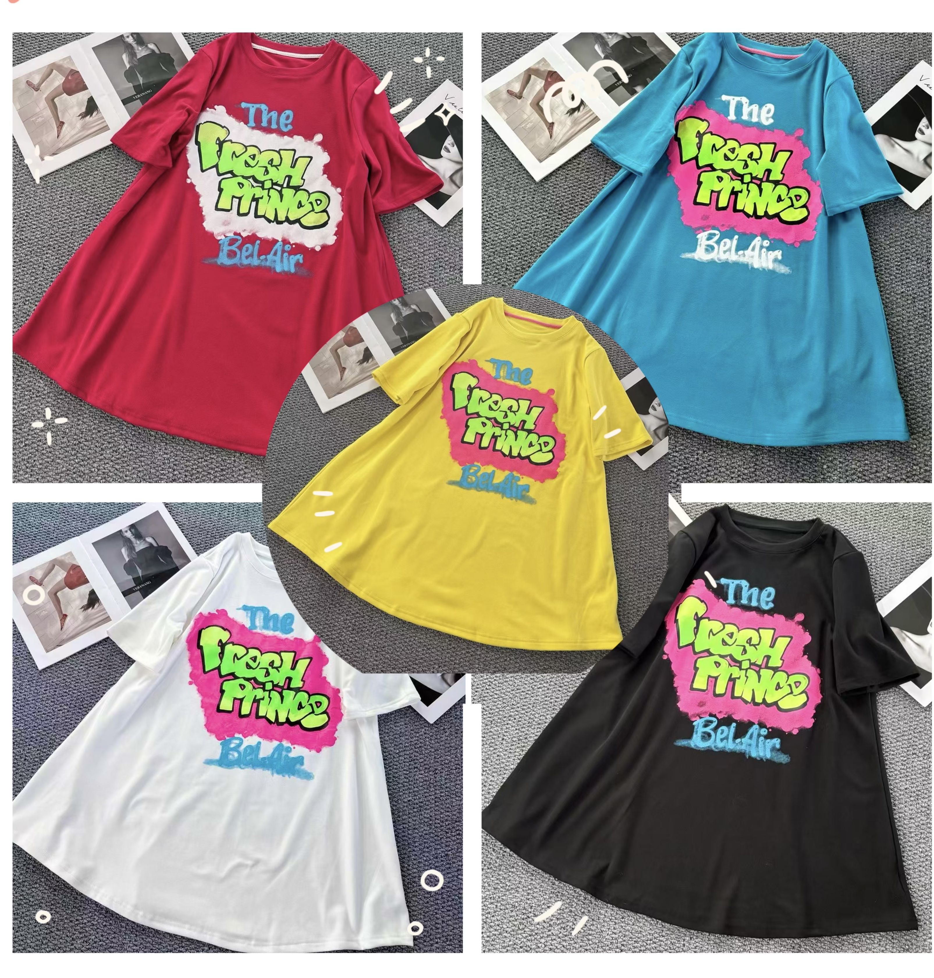 F425秋冬弹力磨毛德绒圆领A版彩色Fresh印花宽松打底半袖