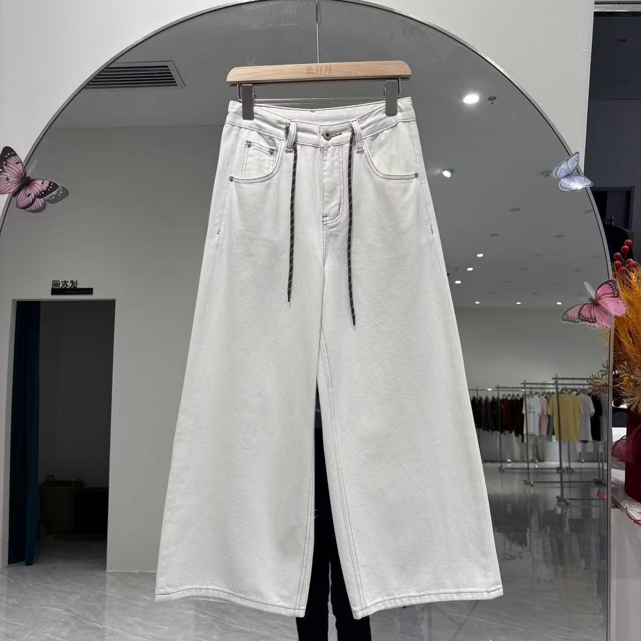 A3-4【A86090】阔腿牛仔裤女九分新款高腰抽绳高腰显瘦百搭大筒裤J