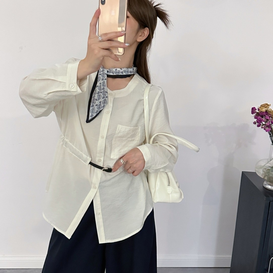 671欧洲站早秋新品时尚百搭气质宽松圆领系带休闲衬衫上衣女