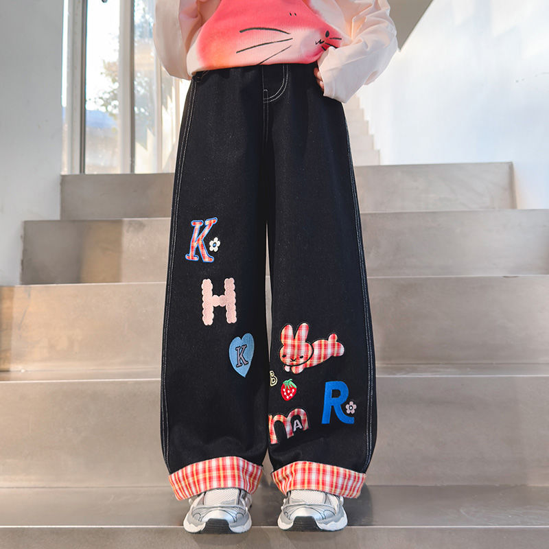 女童美式复古卡通牛仔裤春秋2025新款儿童洋气宽松格子阔腿裤