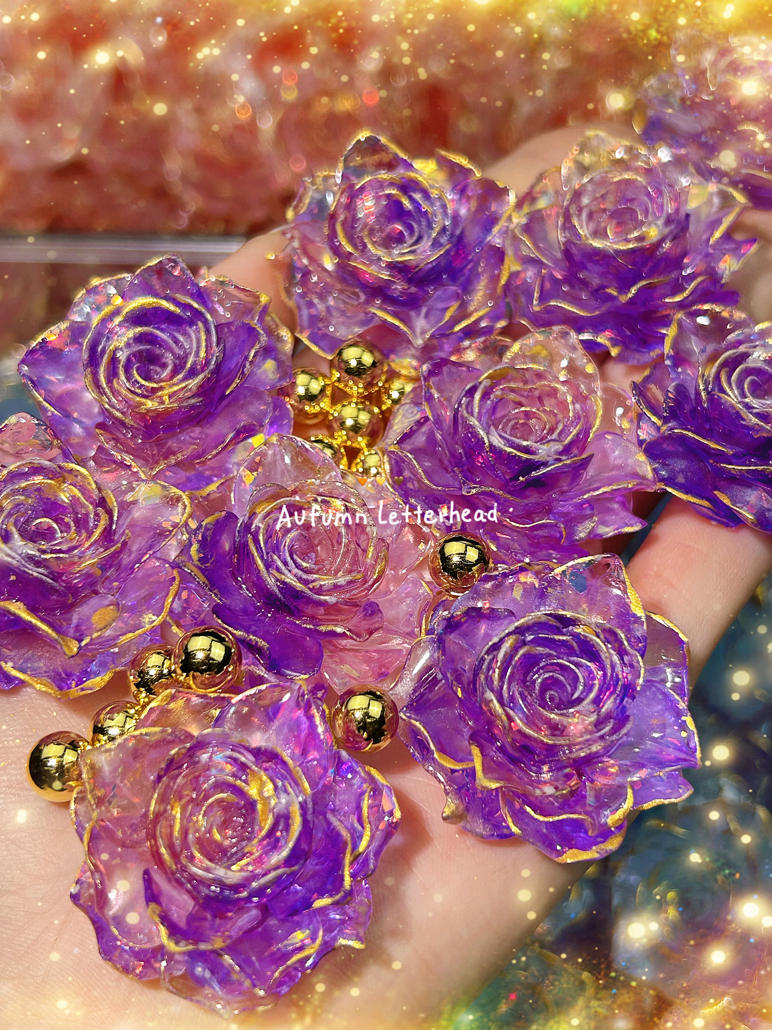 鲸鱼限定首发【鎏金.臻爱玫瑰】卡35人工刷金树脂夜光手工饰品DIY